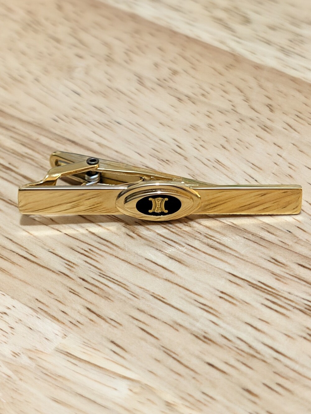 Vintage Celine Gold Tone Tie Clip Black Enamel Triomphe Logo